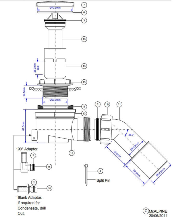Duschwannensiphon mit 67 mm Bauhöhe und Restwasser-Zulauf. Technische Übersicht der Ablaufgarnitur und Anschlüsse für Bad- und Sanitär-Installation